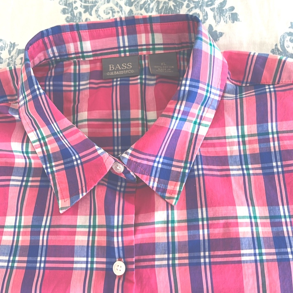 🦩 Bass Preppy Short Sleeve Pink Blue Plaid Button Down Shirt L or XL